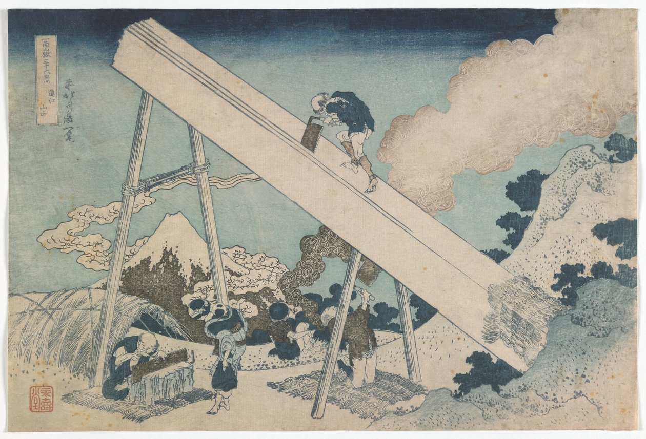 Trettiseks utsikt over Mount Fuji: I fjellene i Totomi-provinsen, Edo-perioden, ca. 1831 (farget treblokktrykk) av Katsushika Hokusai