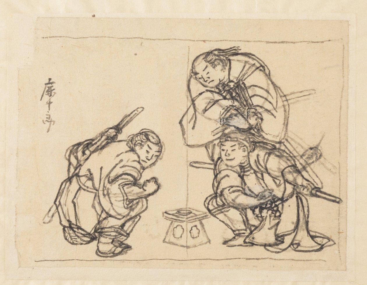 Tre menn med et brett av Katsushika Hokusai