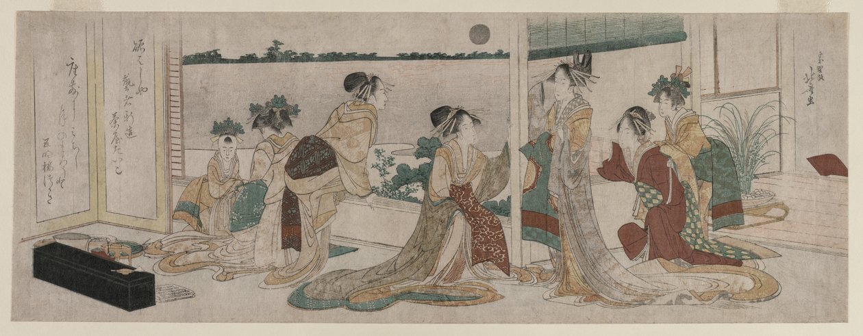 Tsukasa og andre kurtisaner fra Ogiya ser på høstmånen stige..., 1799. av Katsushika Hokusai