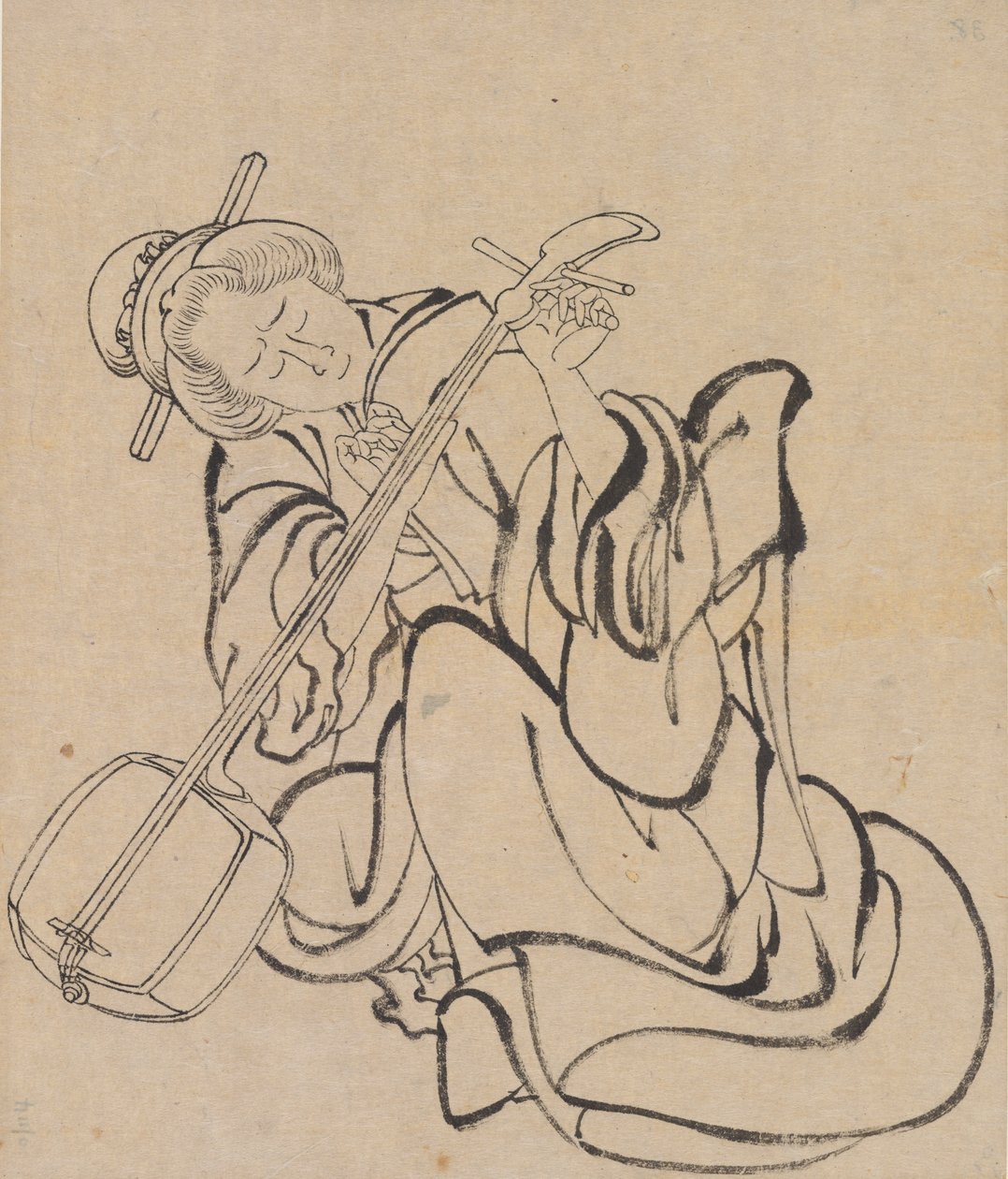 Tuning the Samisen, slutten av 1700-begynnelsen av 1800-tallet. av Katsushika Hokusai