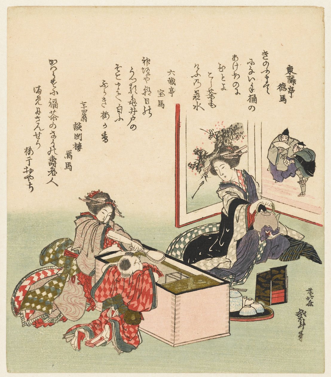 To kvinner og en gutt sitter ved en brenner av Katsushika Hokusai