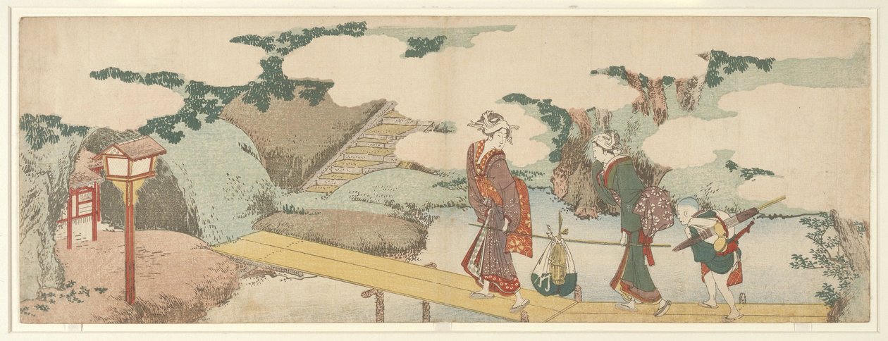 To kvinner og en gutt på strandpromenaden av Katsushika Hokusai