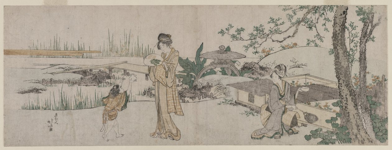 To kvinner og et barn ved siden av en gullfisketank, ca. 1800. av Katsushika Hokusai