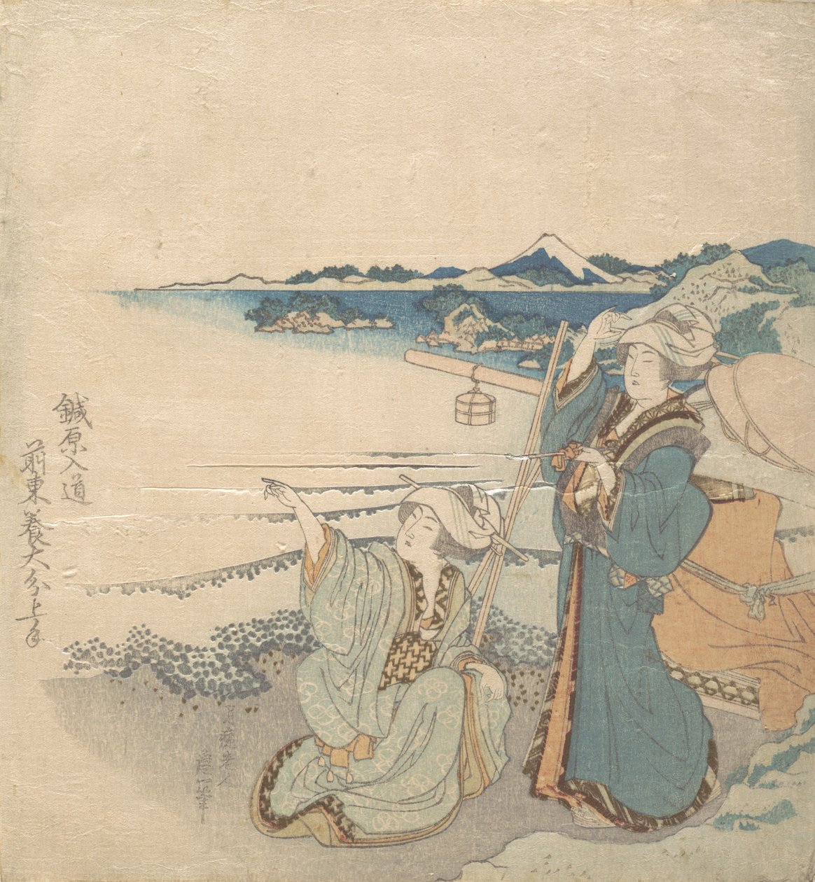 To unge damer ved land, en peker. av Katsushika Hokusai