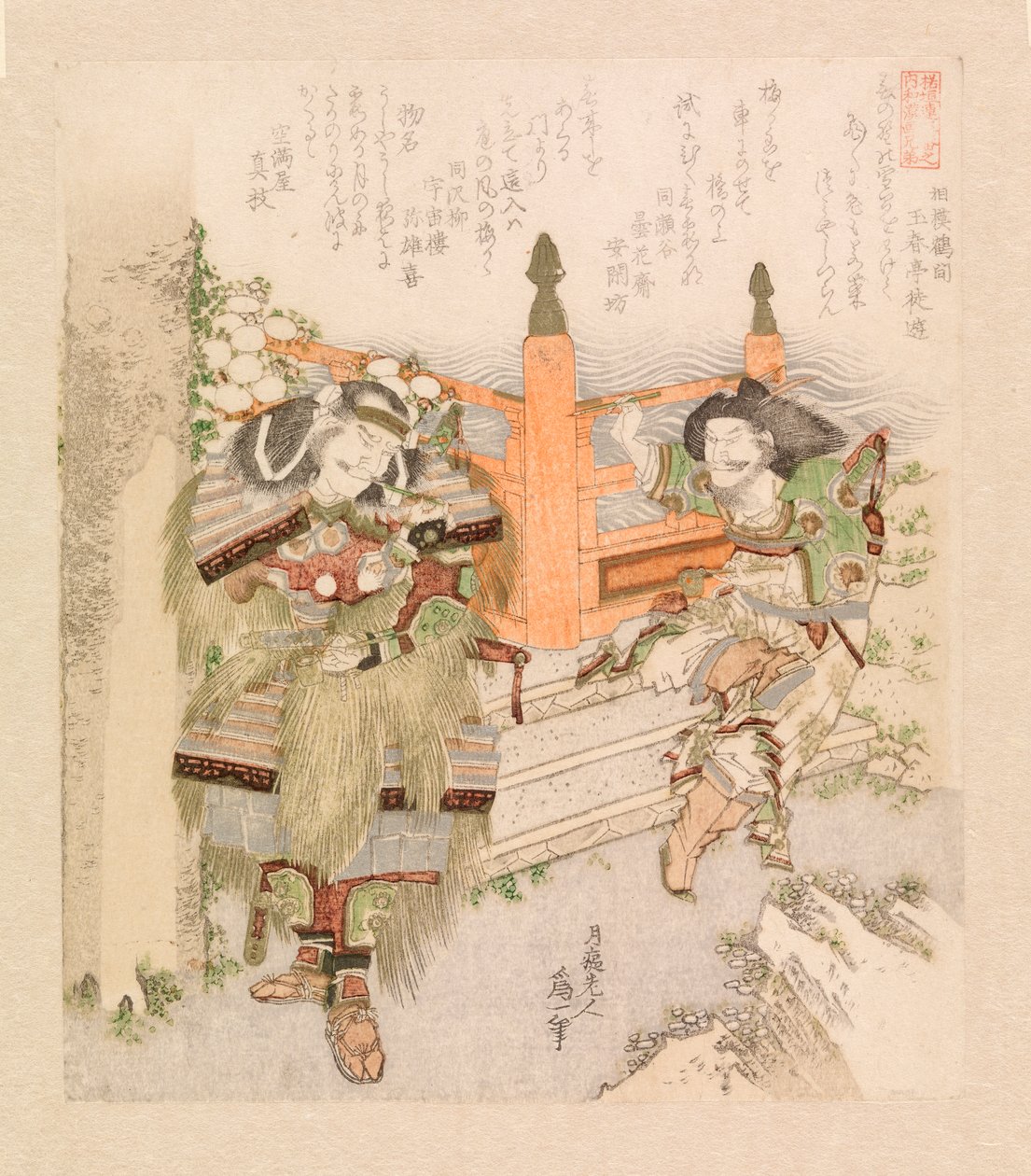 To krigere røyker pipe ved en broinngang, ca. 1825 (fargetresnitt) av Katsushika Hokusai