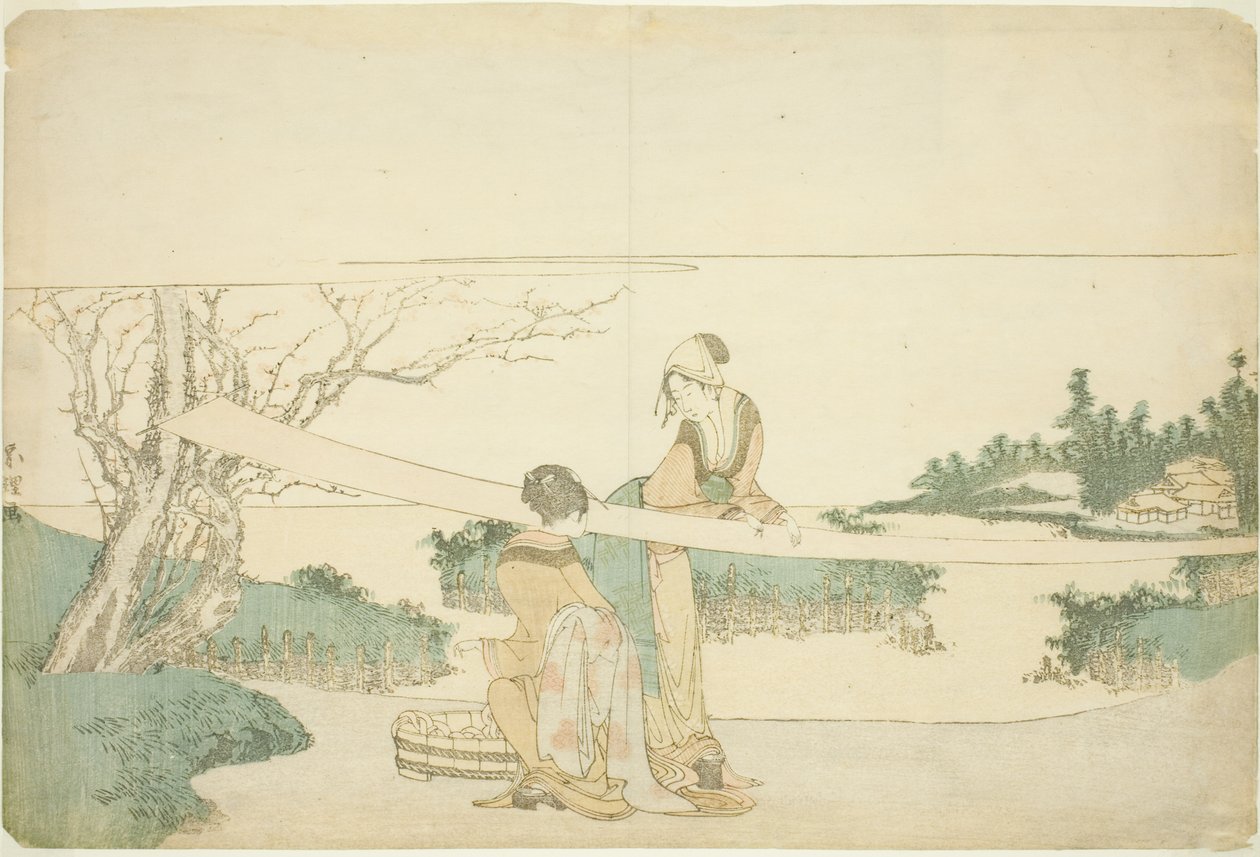 To kvinner som strekker tøy av Katsushika Hokusai