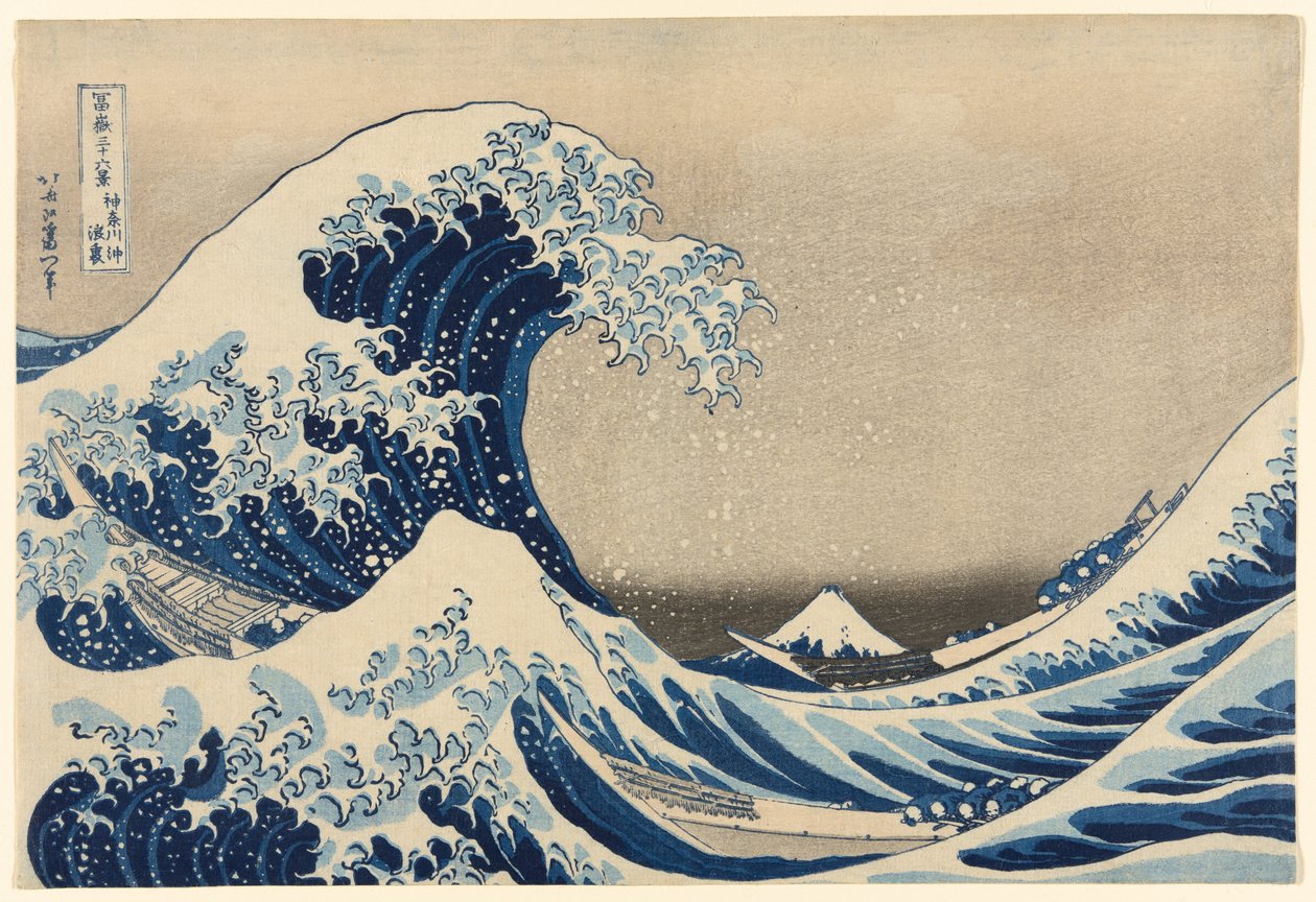 Under bølgen utenfor Kanagawa (Kanagawa oki nami ura), også kjent som The Great Wave, fra serien Thirty-Six Views of Mount Fuji (Fugaku sanjūrokkei) av Katsushika Hokusai