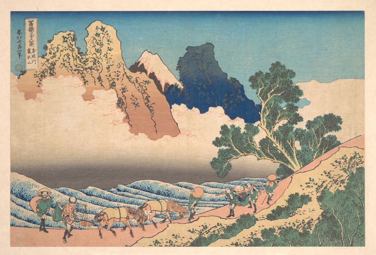 Utsikt over Fuji fra den andre siden av Minobu-elven (Minobugawa ura Fuji), fra serien «De tretti-seks utsiktene over Fuji» (Fugaku sanjūrokkei) av Katsushika Hokusai