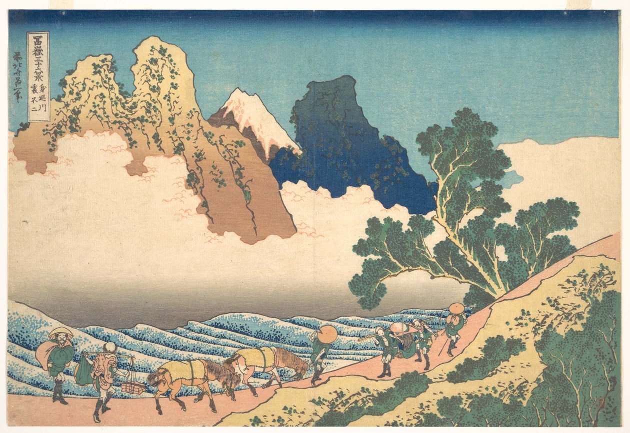 Utsikt over Fuji fra den andre siden av Minobu-elven (Minobugawa ura Fuji), fra serien «De tretti-seks utsiktene over Fuji» (Fugaku sanjūrokkei) av Katsushika Hokusai