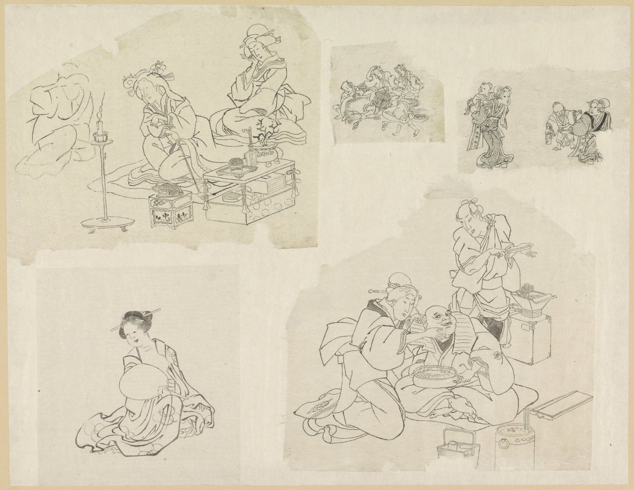 Fem representasjoner av mennesker i ulike situasjoner av Katsushika Hokusai