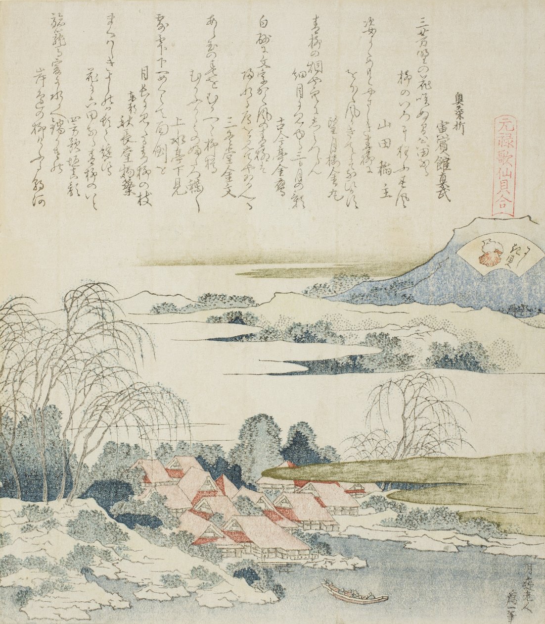 Landsby ved Yoshino-elven, illustrasjon for The Brocade Shell av Katsushika Hokusai