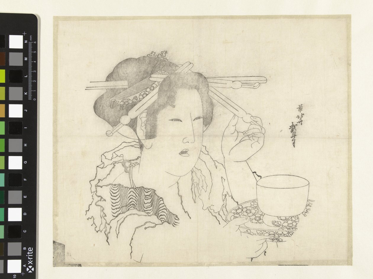 Kvinne med tekopp av Katsushika Hokusai