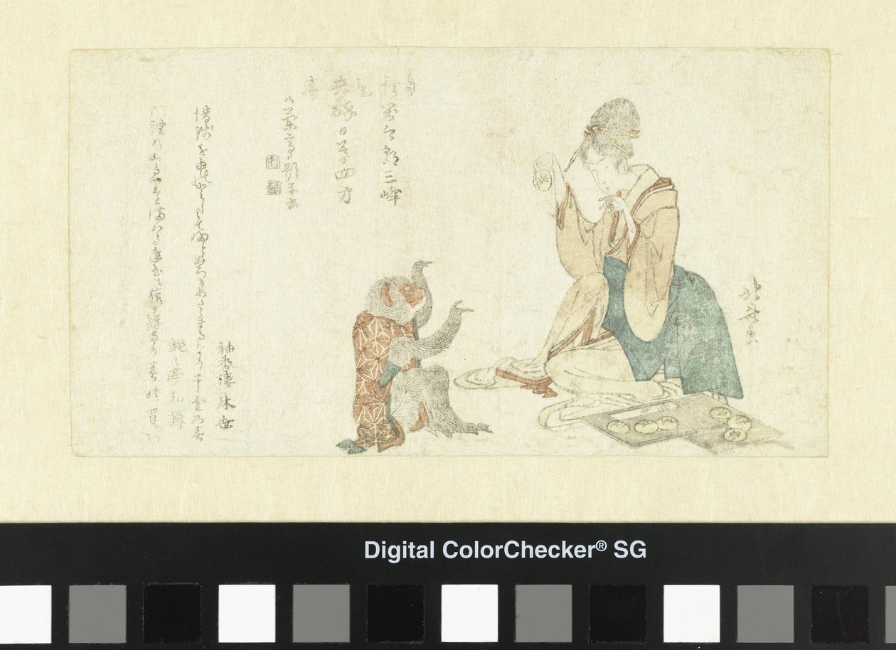 Kvinne leker med ape av Katsushika Hokusai