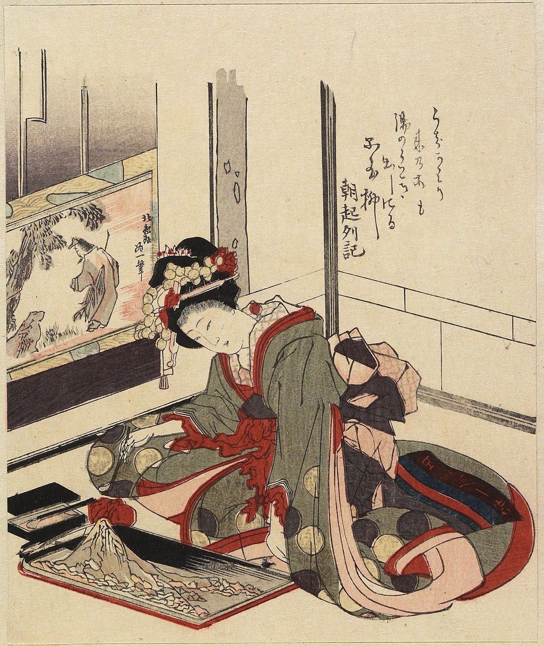 Kvinne som arrangerer Bonkei, 1820-1834 av Katsushika Hokusai