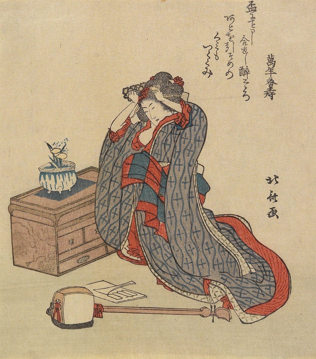 Kvinne som fikser håret, 1797-1819 av Katsushika Hokusai