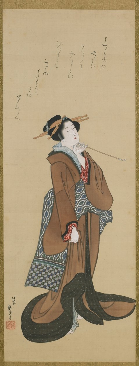 Woman Holding a Tobacco Pipe, Edo-perioden, ca. 1814-15 (blekk og farge på silke) av Katsushika Hokusai
