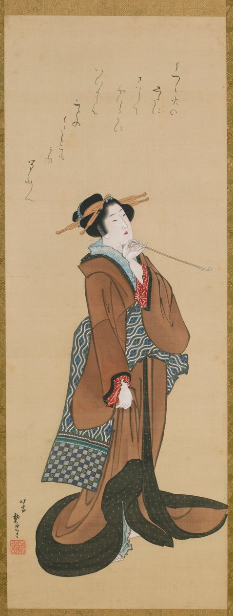 Kvinne som holder en tobakkspipe, ca. 1814-1815. av Katsushika Hokusai