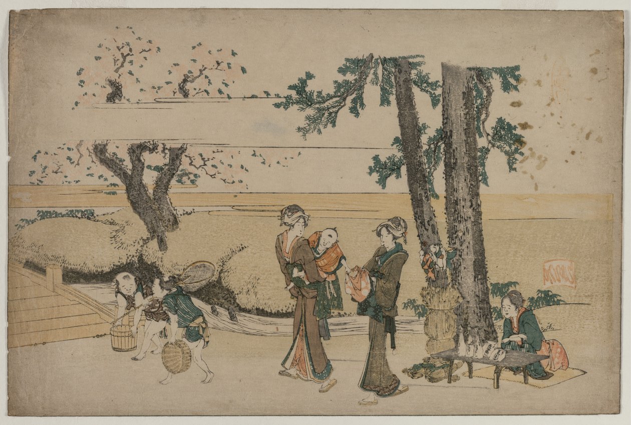 Kvinne som passerer en butikk i veikanten i nærheten av Oji av Katsushika Hokusai