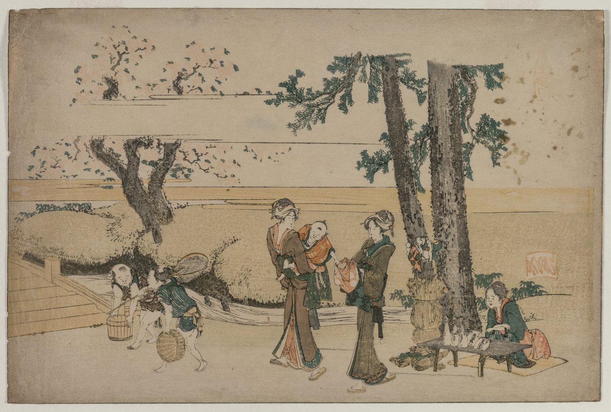 Kvinne passerer en butikk i veikanten i nærheten av Oji, tidlig på 1800-tallet. av Katsushika Hokusai
