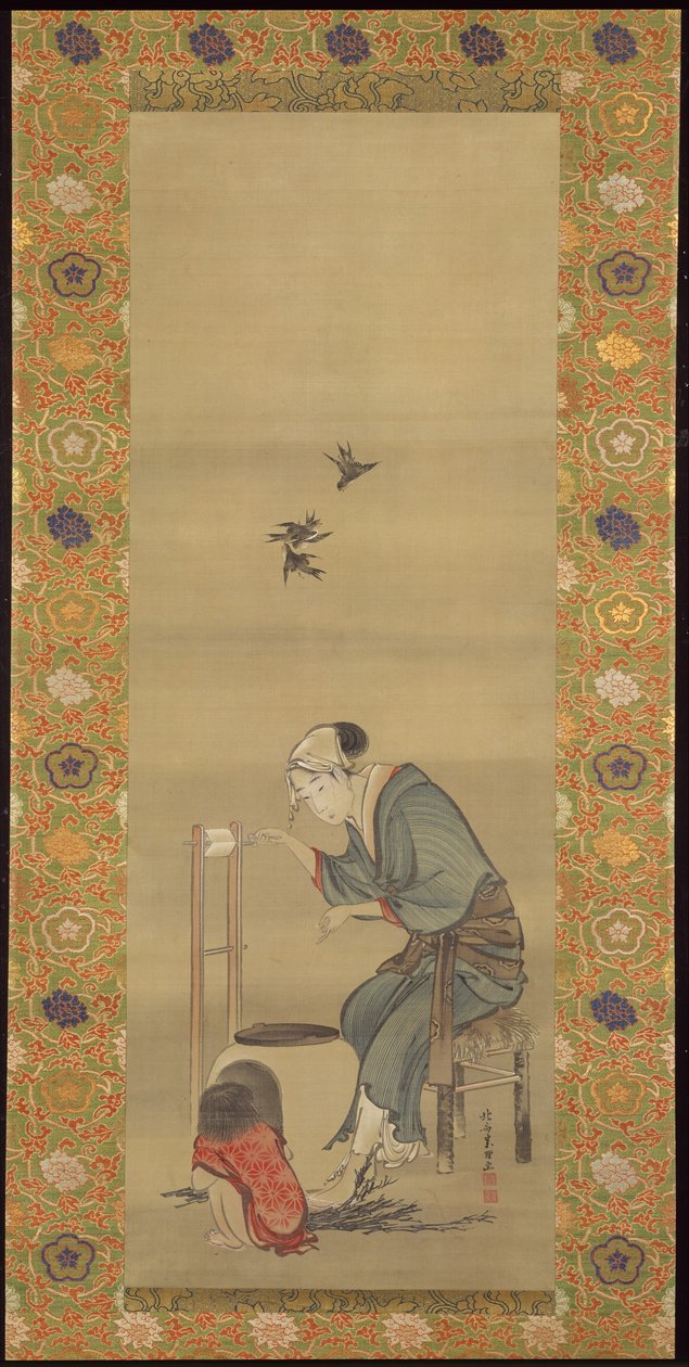 Kvinne som spinner silke av Katsushika Hokusai