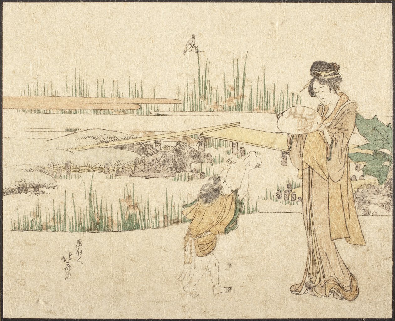 Kvinne og barn i en hage; fragment av «Gullfisk-selgeren» av Katsushika Hokusai