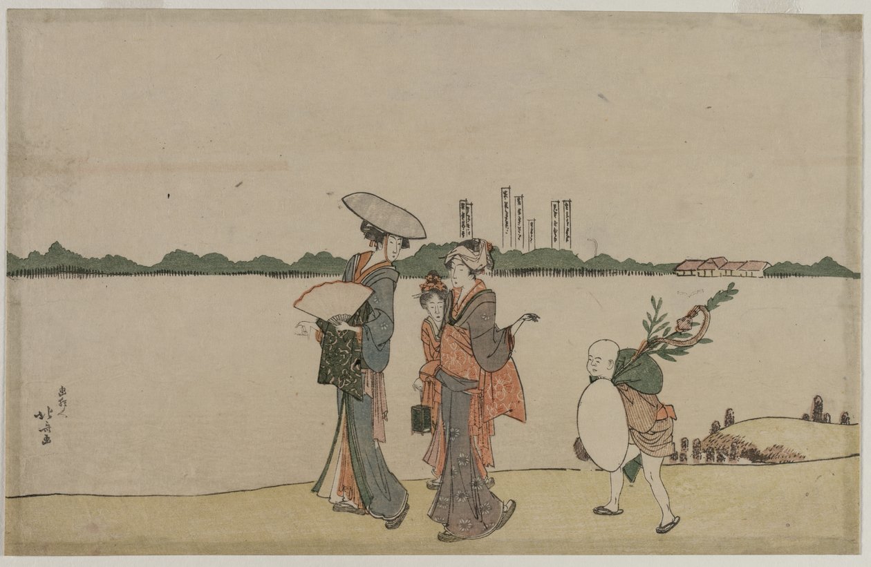 Kvinner og barn som går langs Sumida-elven, tidlig på 1800-tallet. av Katsushika Hokusai