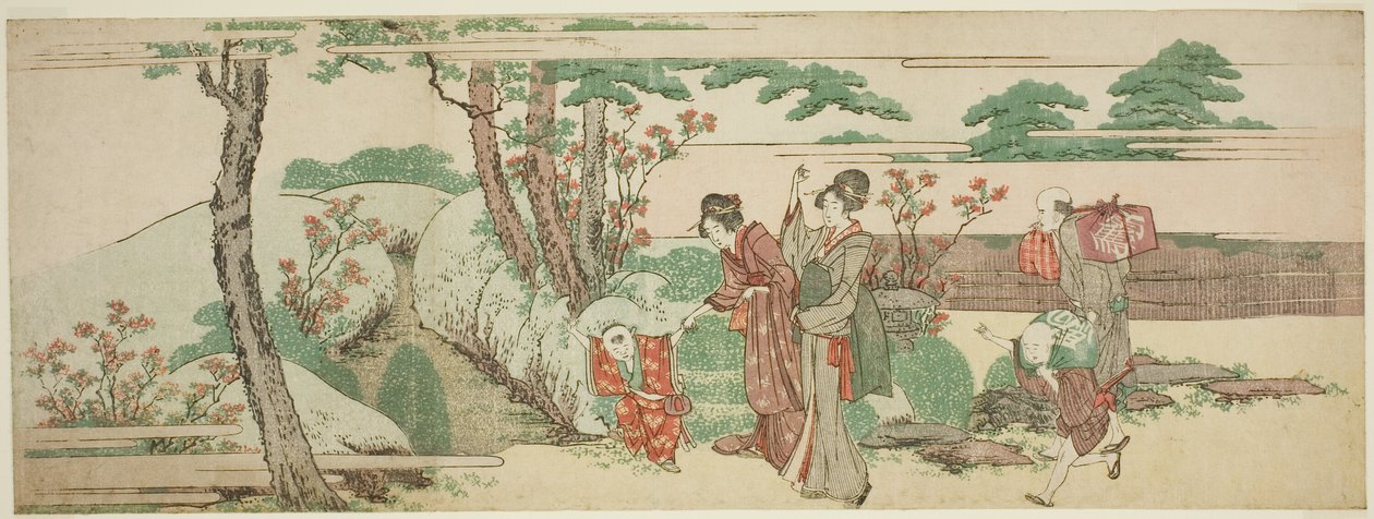 Kvinner og barn ute på piknik av Katsushika Hokusai