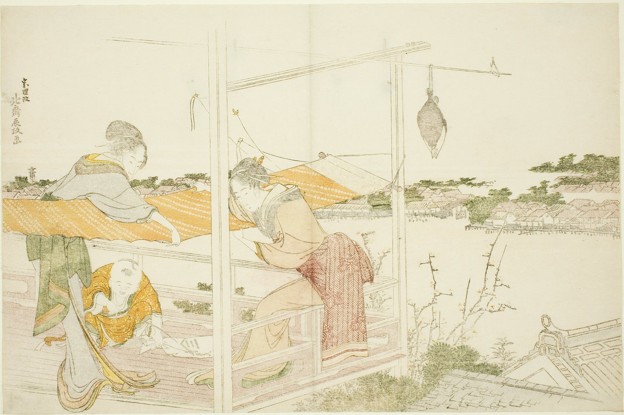 Kvinner på en veranda som strekker seg til tørk av Katsushika Hokusai