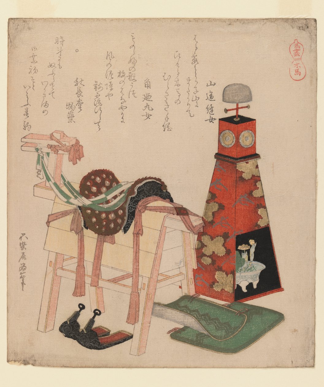 Wooden Horse, fra serien Horses, 1822 (treblokktrykk, surimono) av Katsushika Hokusai