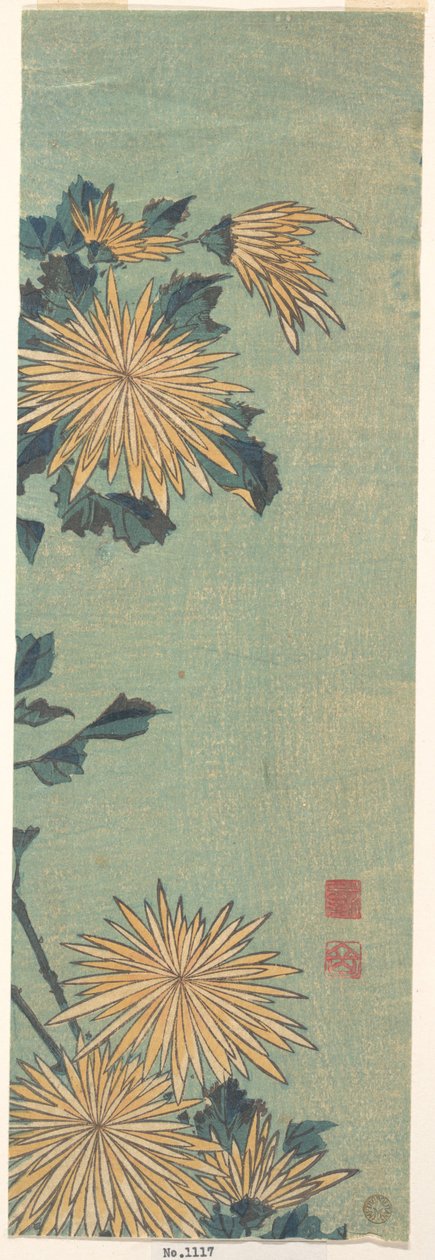 Gule krysantemum på blå bakgrunn av Katsushika Hokusai