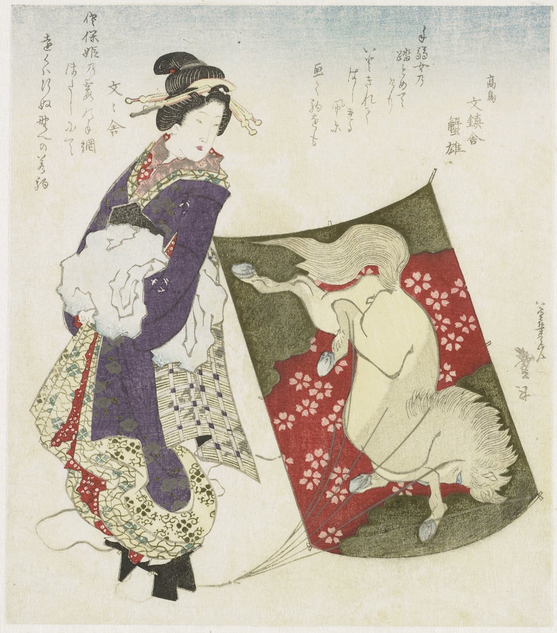 Kvinne som står på strengen til en drage av Katsushika Taito II