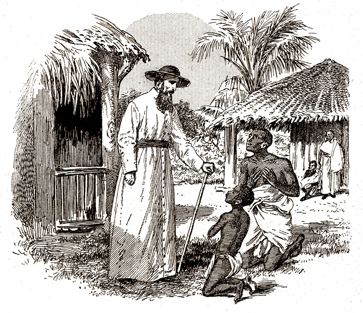 En katolsk misjonær i Afrika som praktiserer en konvertering på et barn og hans far, ca. 1900 (gravering) av David Mosé
