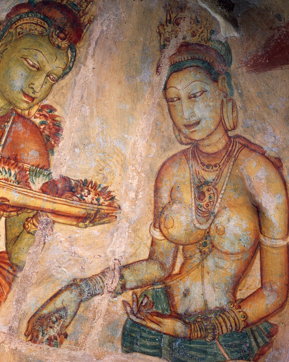 Apsaras, himmelsk nymfe som tilbyr blomster, freskomaleri, befestet citadell av Sigiriya (UNESCOs verdensarvliste av Alec Hunter