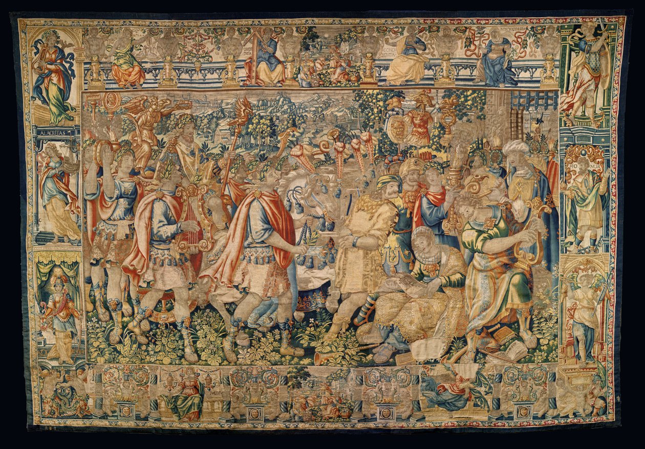 Parish museum for billedvev (Pastrana Parish Museum of Tapestries). flamsk billedvev. Charlemagne, triumferende inntog i Carmania (Alexander den store, triumferende inntog i Carmania). av Alec Hunter