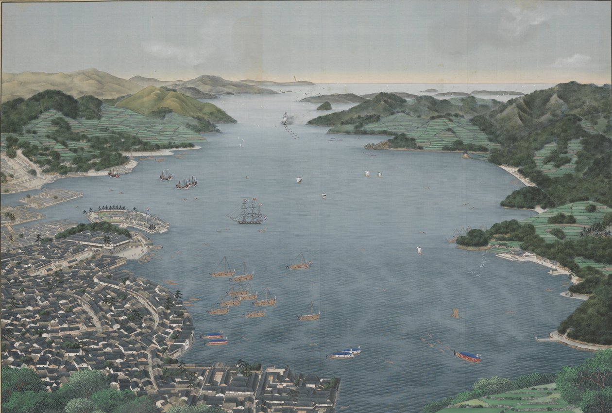 Nagasaki havn, ca. 1800-50 (silkemaleri) av Kawahara Keiga