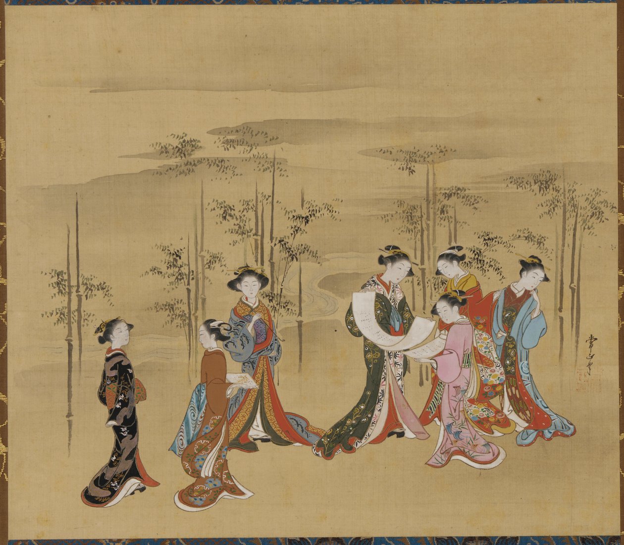 Syv unge kvinner i en bambuslund, 1700-tallet. av Kawamata Tsunemasa