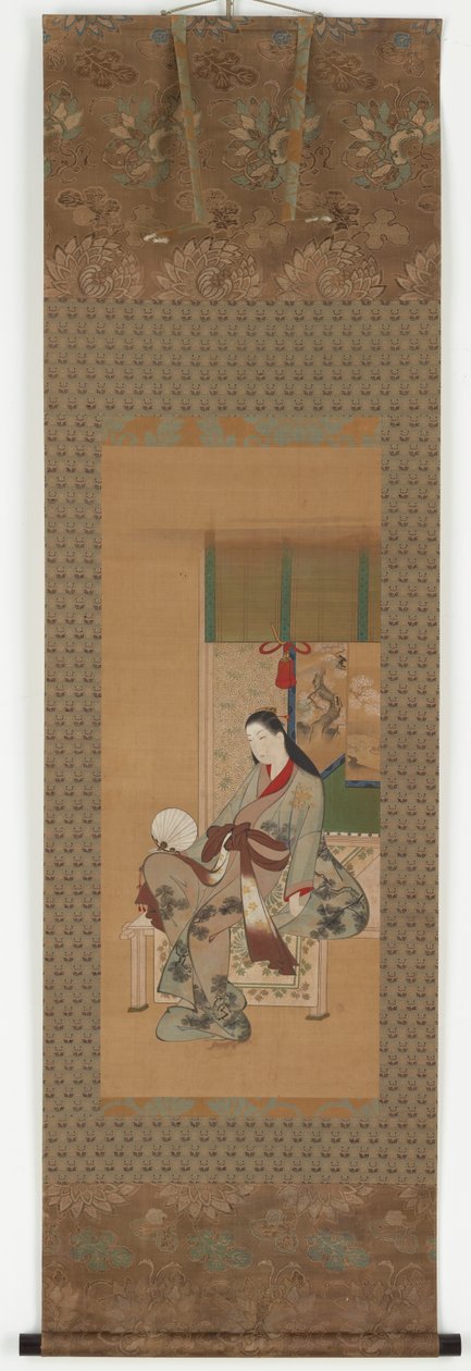 En jente som sitter på en veranda, Edo-periode, 1700-tallet. av Kawamata Tsuneyuki
