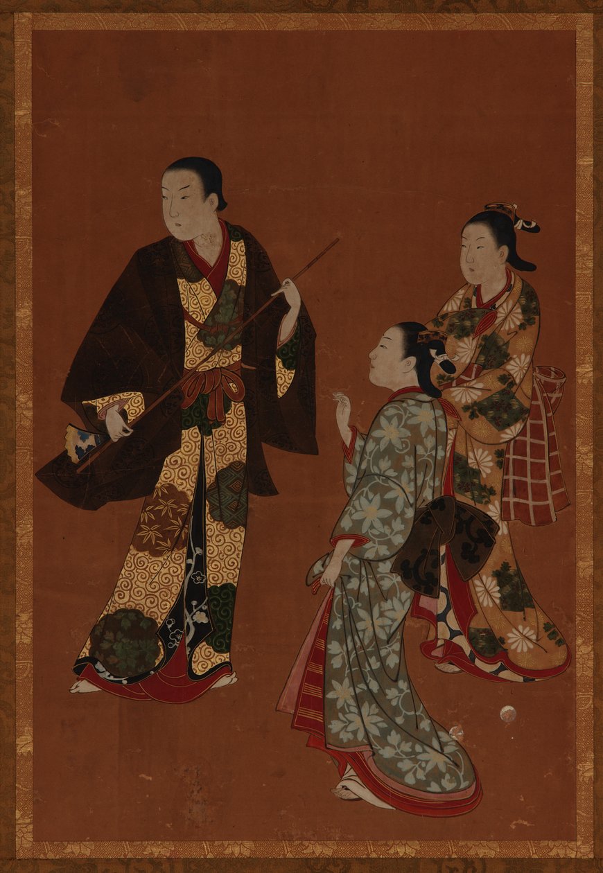 En mann, muligens en skuespiller, og to jenter, Edo-perioden, 1700-tallet. av Kawamata Tsuneyuki