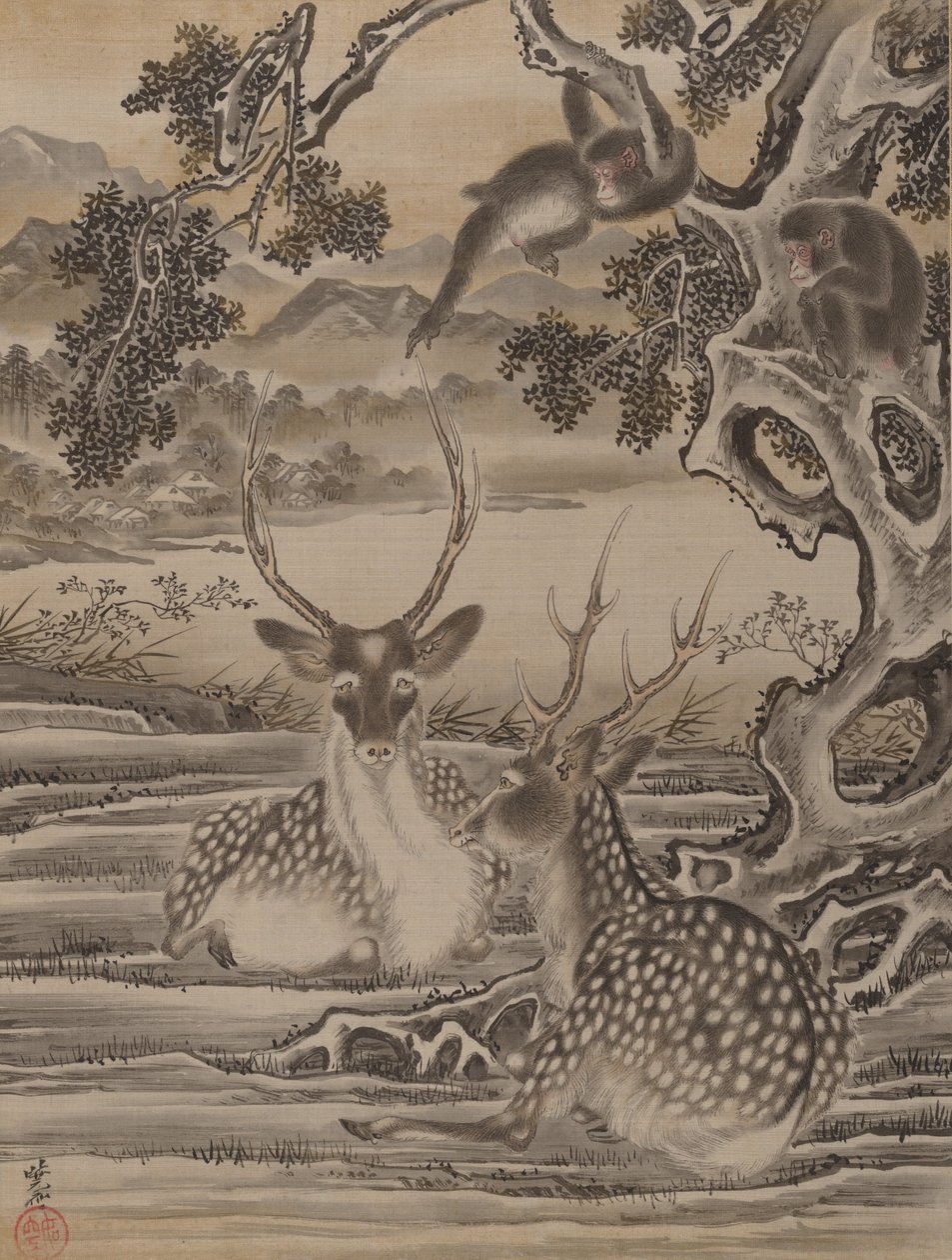 Hjort og aper, ca. 1887. av Kawanabe Kyosai