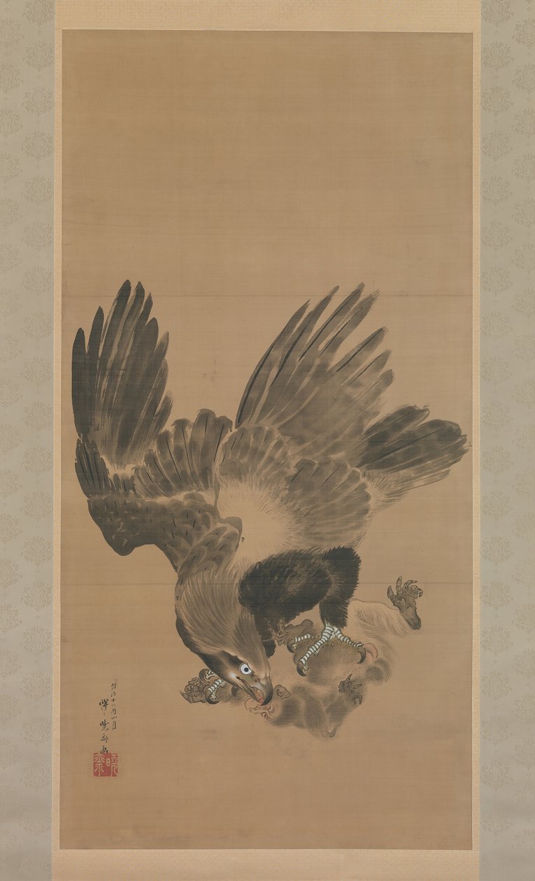 Ørn angriper en ape, 1885. av Kawanabe Kyosai