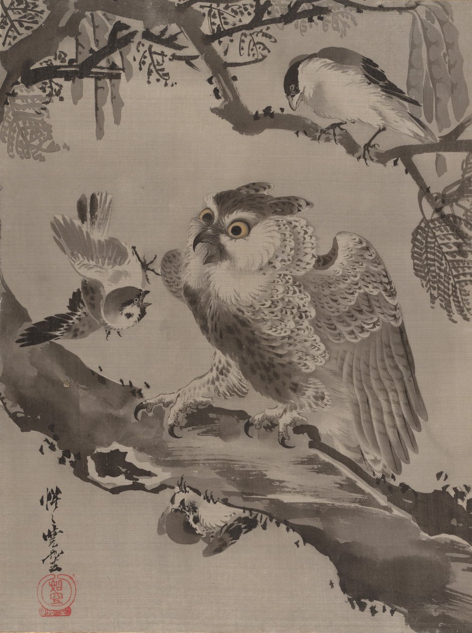 Ugle hånet av småfugler, ca. 1887. av Kawanabe Kyosai