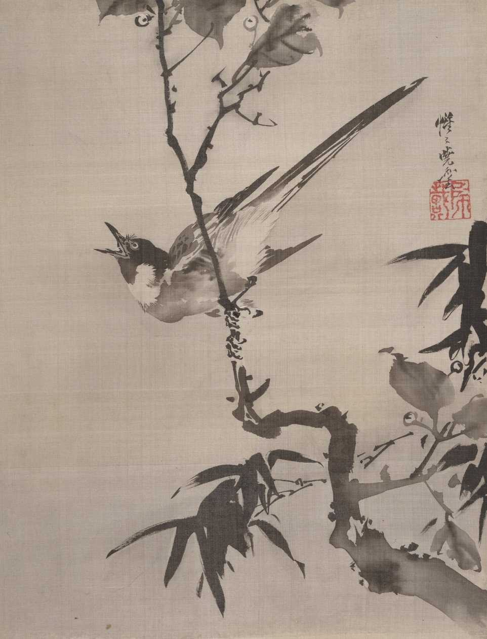 Syngende fugl på en gren, ca. 1887. av Kawanabe Kyosai