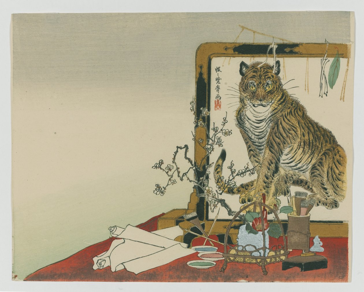 Stående skjerm (Tsuitate) av en tiger, 1878 (treblokk fargetrykk) av Kawanabe Kyosai