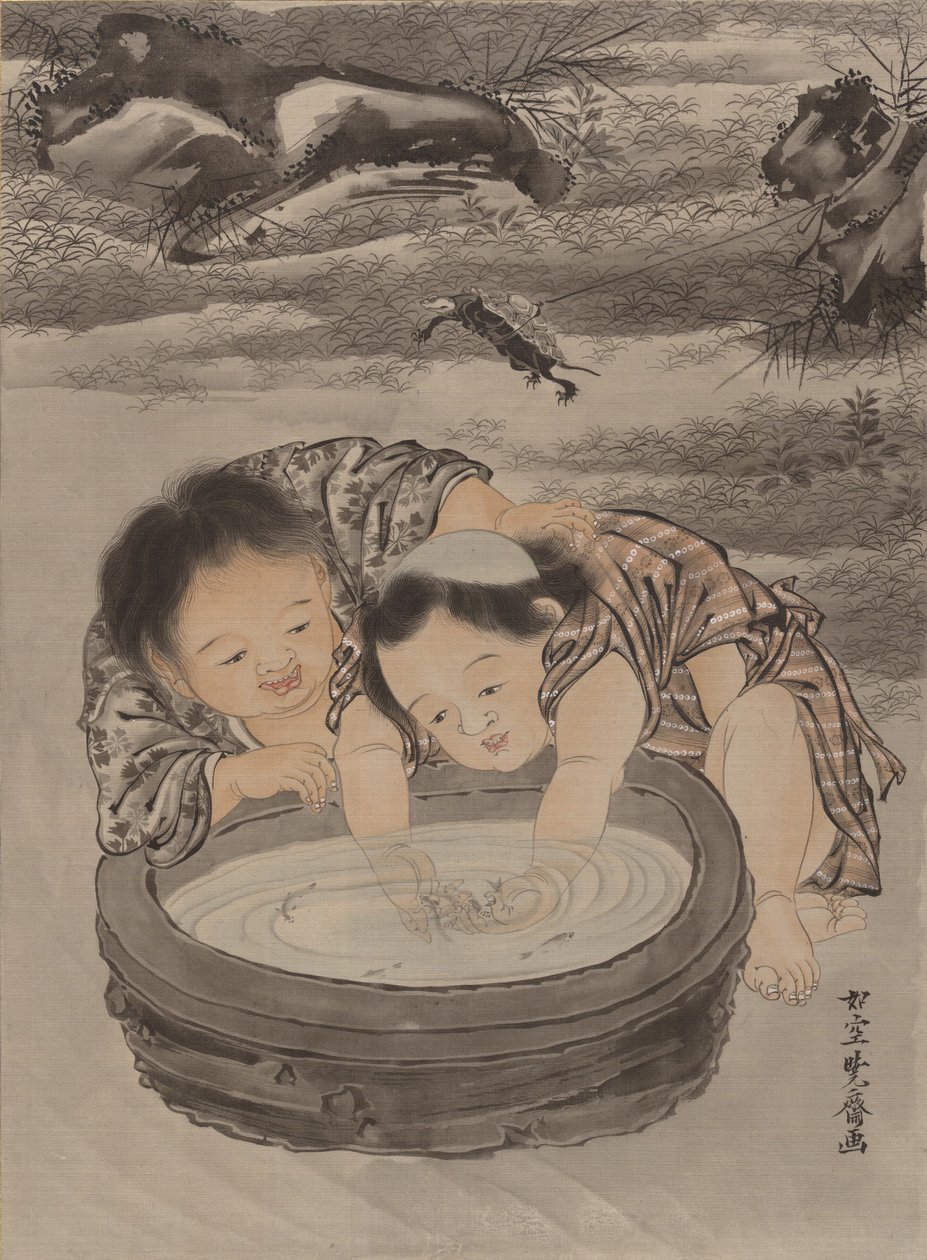 To barn som leker med gullfisk, ca. 1887. av Kawanabe Kyosai