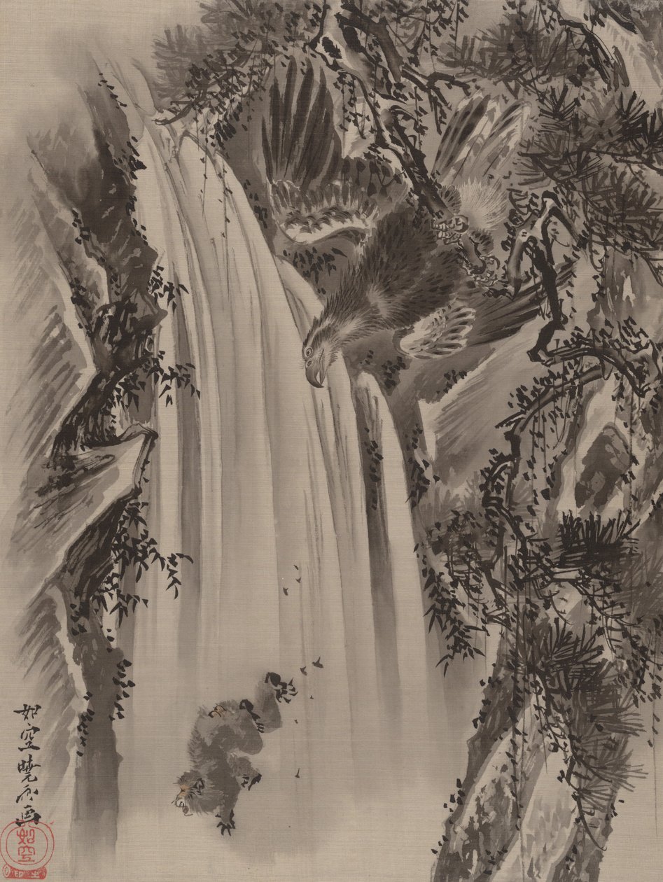 Foss, ørn og ape, ca. 1887. av Kawanabe Kyosai