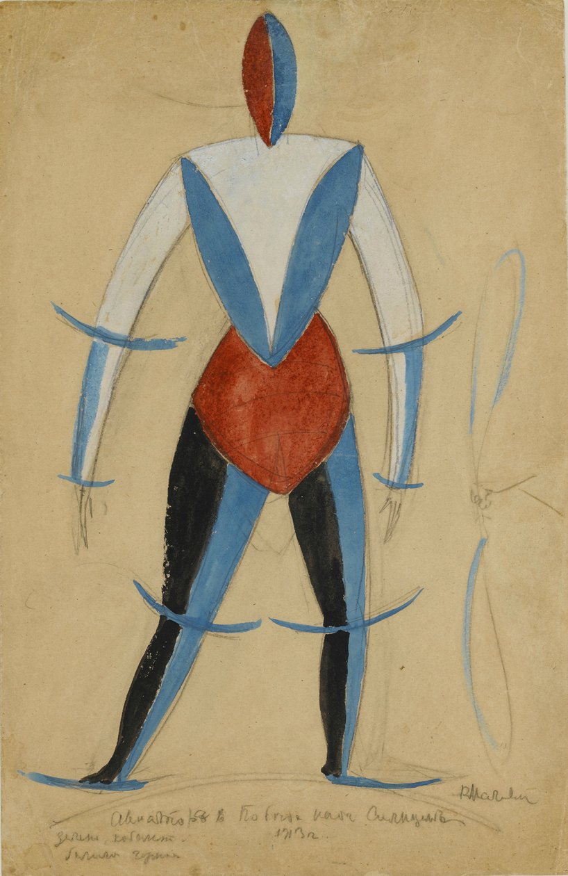 Aviator, kostymedesign for operaen Victory over the sun av Aleksei Kruchenykh, 1913 (blekk, gouache og blyant på papir) av Kazimir Severinovich Malevich