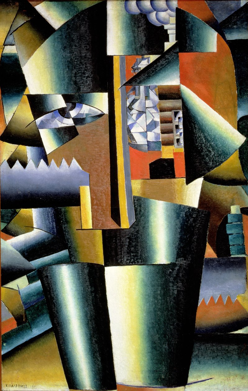 Portrett av kunstneren Ivan Vasilievich Klyun (1873-1942) som byggmester, 1911 av Kazimir Severinovich Malevich