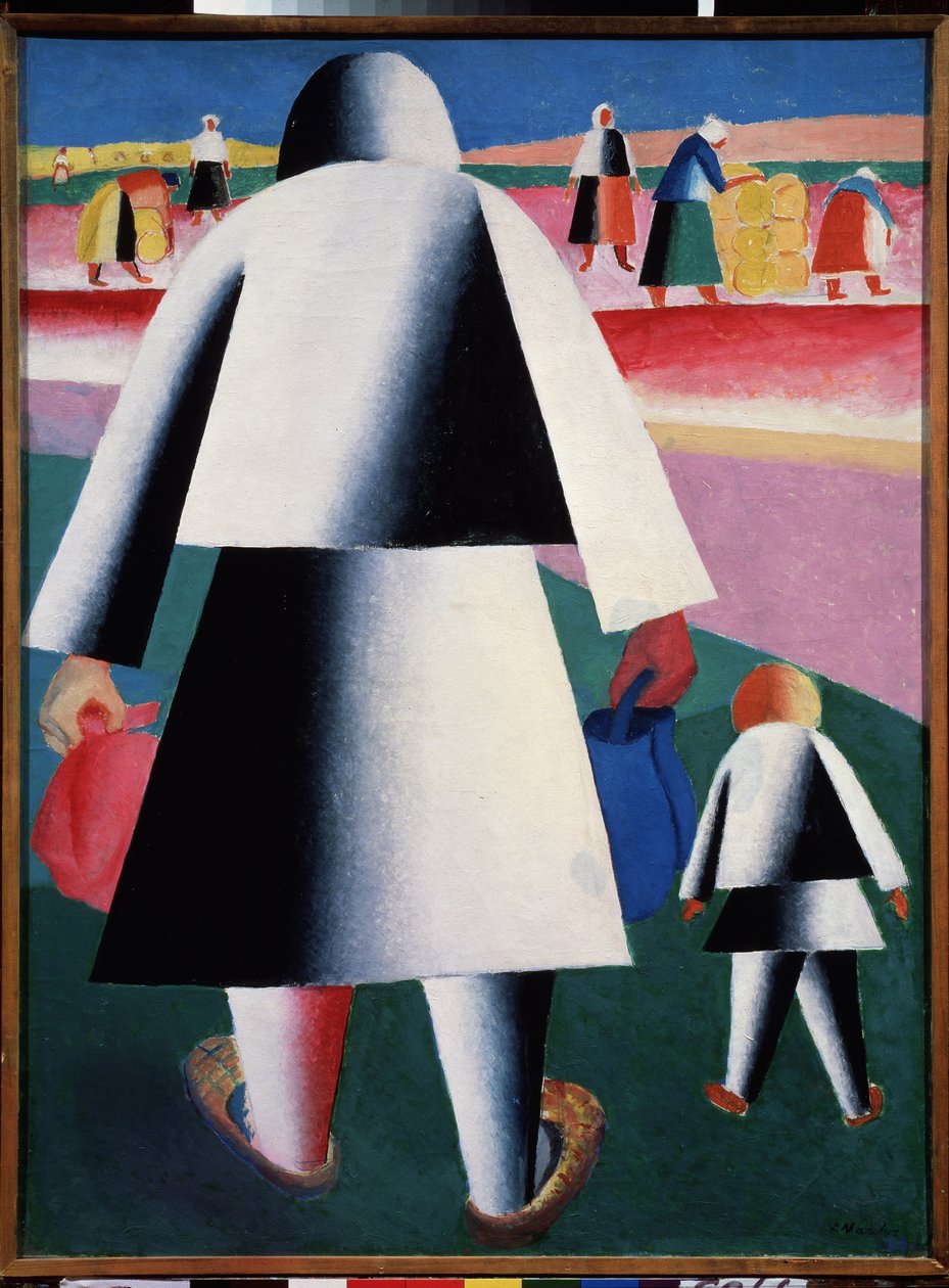 A la recolte (Martha et Vanka) (Til innhøstingen. Martha og Vanka). En mor og hennes datter, representert bakfra, beveger seg mot en gruppe bøyde kvinner som jobber i marka. Maleri av Kasimir Severinovich Malevich (Malevich, Malevic) (1878-1935), h av Kazimir Severinovich Malevich
