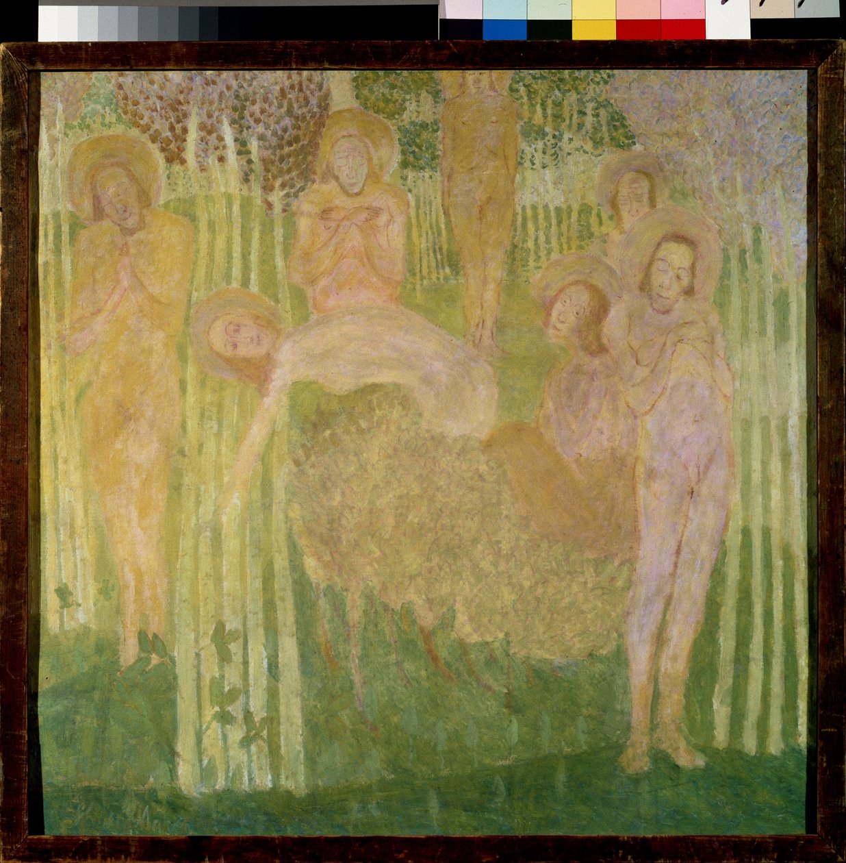 Skisse til et freskomaleri. Representasjon av helgener med glorie, med glade ansikter, nakne kropper, samlet i en hage med blomstrende trær. Verk av Kasimir Severinovich Malevich (Malevich, Malevic) (1878-1935), te av Kazimir Severinovich Malevich