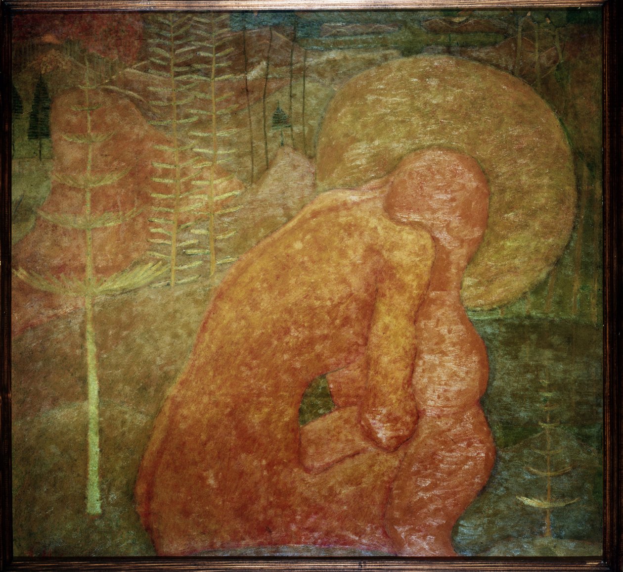 Skisse for en freskomaleri. Bønn. (Skisse til et freskomaleri; Bønn). En naken karakter, i et skogslandskap, er krøllet sammen under aureolen hans. Verk av Kasimir Severinovich Malevitch (Malevich, Malevic) (1878-1935), tempera på papp av Kazimir Severinovich Malevich